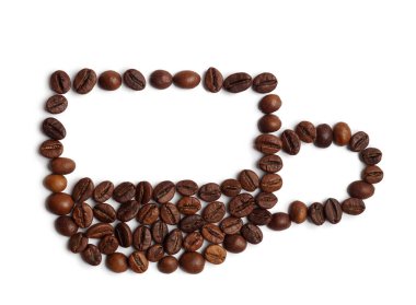 Cup of drink, composition made with coffee beans isolated on white, top view