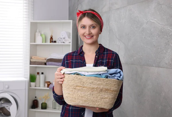 Happy Woman Basket Full Laundry Bathroom — Stock Photo, Image