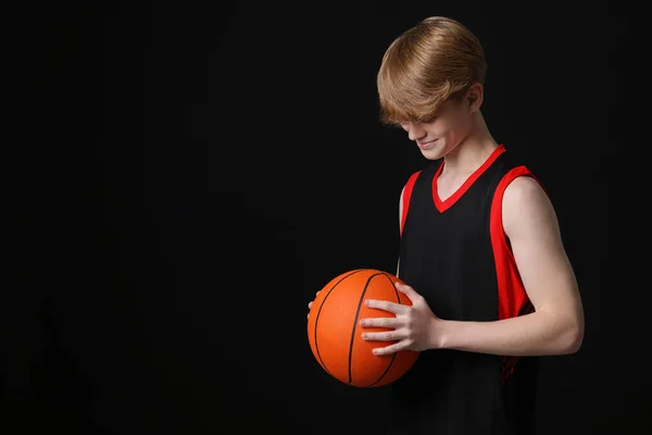 Teenage Boy Basketball Ball Black Background Space Text — Stock Photo, Image