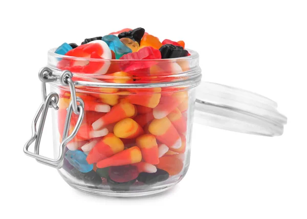 Jar Delicious Colorful Candies Isolated White Halloween Sweets — Stock Photo, Image