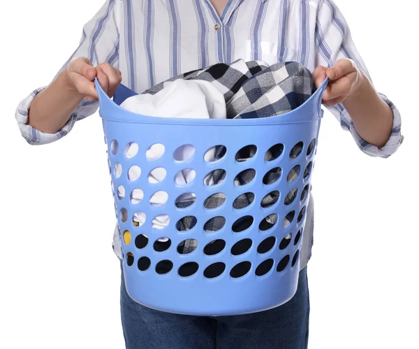 Woman Basket Full Clean Laundry White Background Closeup — Stock Photo, Image