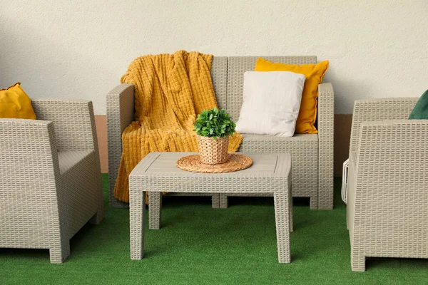 Beautiful Rattan Garden Furniture Soft Pillows Blanket Houseplant White Wall — Stock Photo, Image