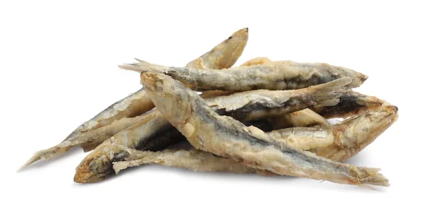 Pile Delicious Fried Anchovies White Background — Stock Photo, Image