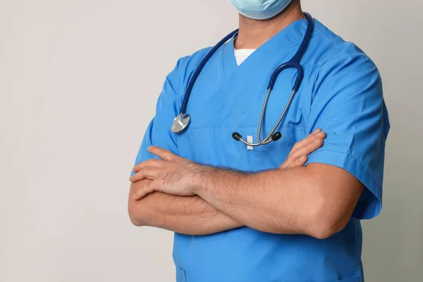 Verpleegster Medisch Uniform Met Stethoscoop Witte Achtergrond Close Ruimte Voor — Stockfoto