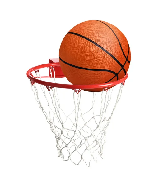 Basketbal Padá Koše Sítí Izolované Bílém — Stock fotografie