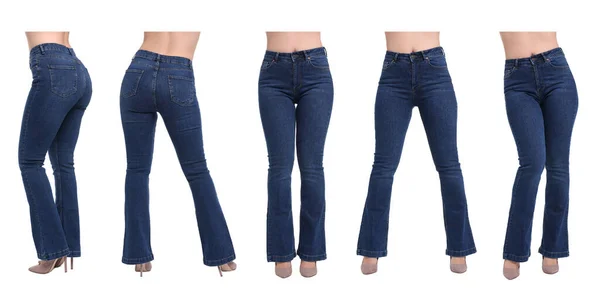 白い背景にスタイリッシュなジーンズの女性の写真とコラージュ クローズアップ 異なる側面 — ストック写真