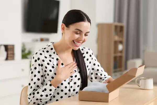 Happy Young Woman Opening Parcel Table Indoors Internet Shopping — Stock Photo, Image