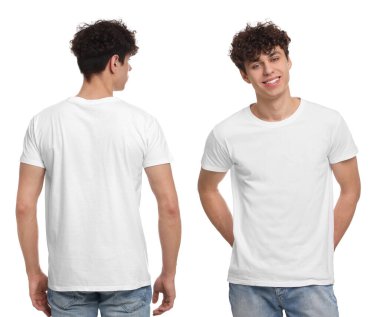 Beyaz arka plan, arka ve ön manzara üzerinde şık tişörtlü bir adamın fotoğraflarıyla kolaj. Tasarım için model