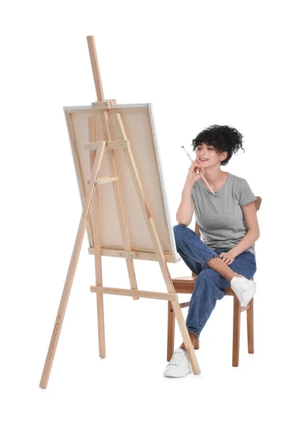 Young Woman Holding Brush Easel Canvas White Background — Stock Photo, Image