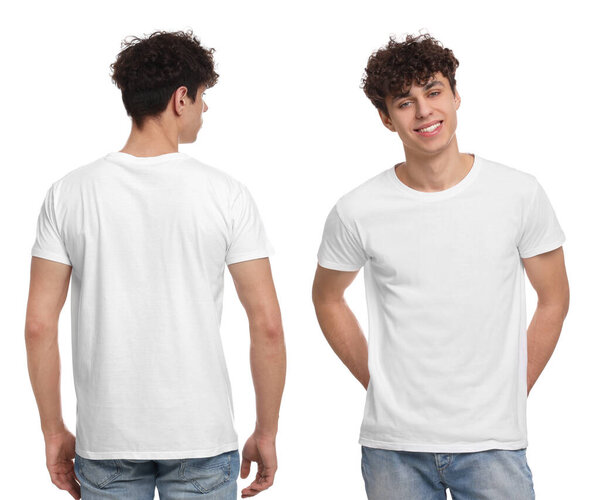 Collage with photos of man in stylish t-shirt on white background, back and front views. Mockup for design