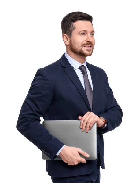 Schöner Bärtiger Geschäftsmann Anzug Mit Laptop Auf Weißem Hintergrund — Stockfoto
