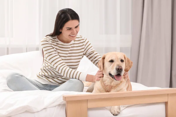 Lycklig Kvinna Med Söt Labrador Retriever Sängen Hemma — Stockfoto