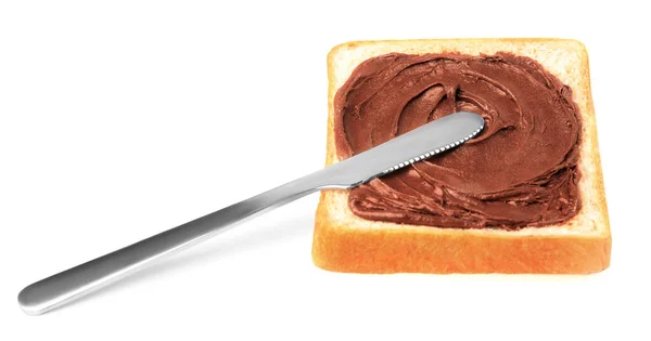 Leckerer Toast Mit Schokoladenpaste Und Messer Auf Weißem Hintergrund — Stockfoto