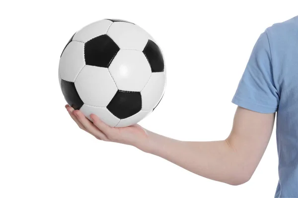 Beyaz Arka Planda Futbol Topu Olan Çocuk Yakın Plan — Stok fotoğraf