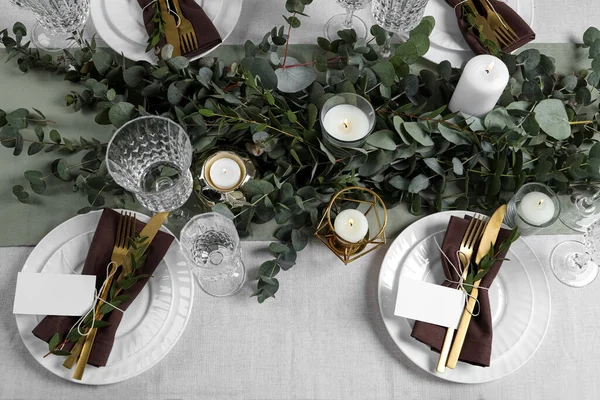 Luxuriöse Tischdekoration Mit Schönem Dekor Und Leeren Karten Festliches Dinner — Stockfoto