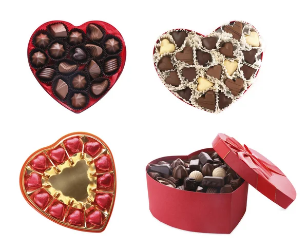 Många Hjärtformade Lådor Med Välsmakande Choklad Godis Vit Bakgrund Collage — Stockfoto