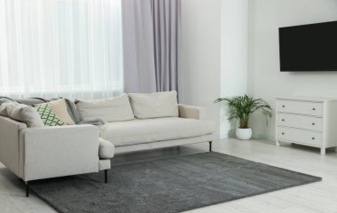 Şık bir oturma odası, rahat bir kanepe ve bitki örtüsü.