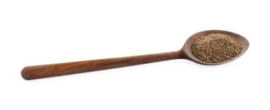 Beyaz üzerine izole edilmiş kereviz tohumları kaşığı.