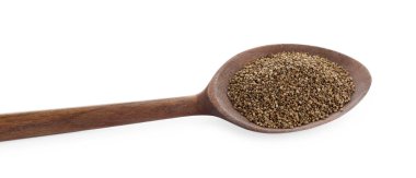 Beyaz üzerine izole edilmiş kereviz tohumları kaşığı.