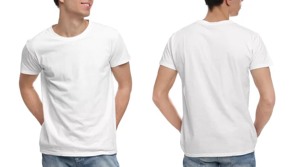 Colagem Com Fotos Homem Camiseta Elegante Fundo Branco Close Visão — Fotografia de Stock