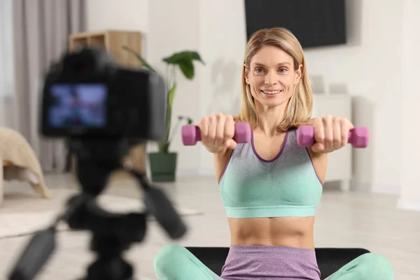 Fitness Trainer Recording Online Classes Home — Stok fotoğraf