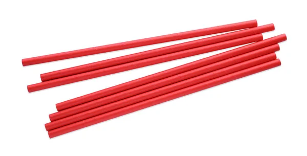 Red Paper Cocktail Straws White Background Top View — Stock Photo, Image
