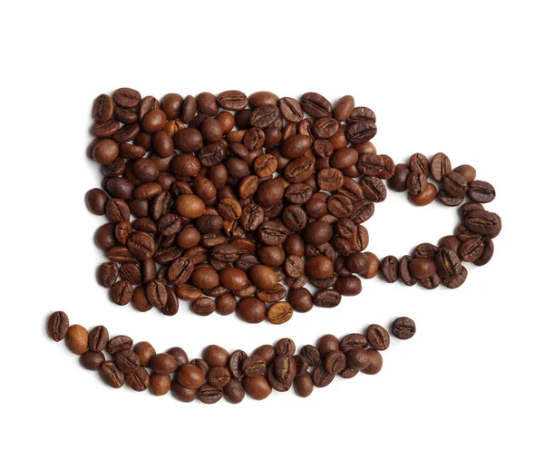 飲み物のカップ 白に隔離されたコーヒー豆で作られた組成物 トップビュー — ストック写真