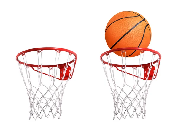 バスケットボールボールとフープのコラージュ白で隔離された — ストック写真