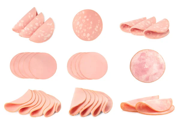 stock image Collage with slices of different delicious sausages on white background