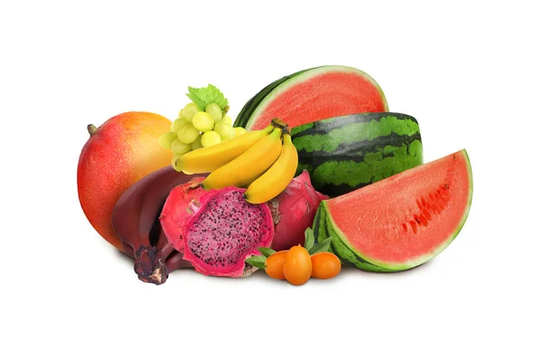 Muitas Frutas Frescas Diferentes Fundo Branco — Fotografia de Stock