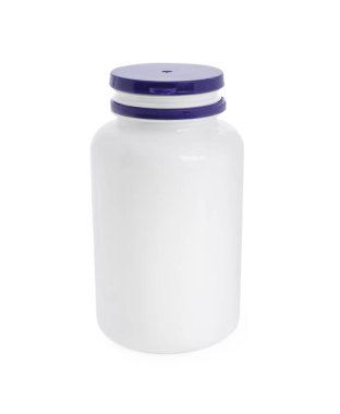 Kapalı plastik ilaç şişesi beyaza izole edilmiş. Medicament