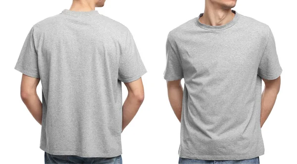 Collage Con Fotos Hombre Camiseta Gris Sobre Fondo Blanco Primer — Foto de Stock
