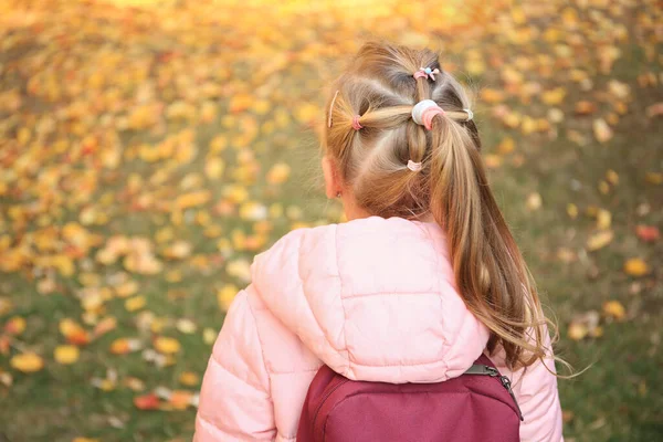Nettes Kleines Mädchen Mit Rucksack Park Einem Herbsttag Rückseite — Stockfoto