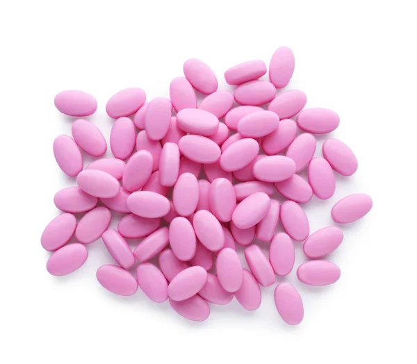 Chutné Růžové Dragee Bonbóny Bílém Pozadí Pohled Shora — Stock fotografie