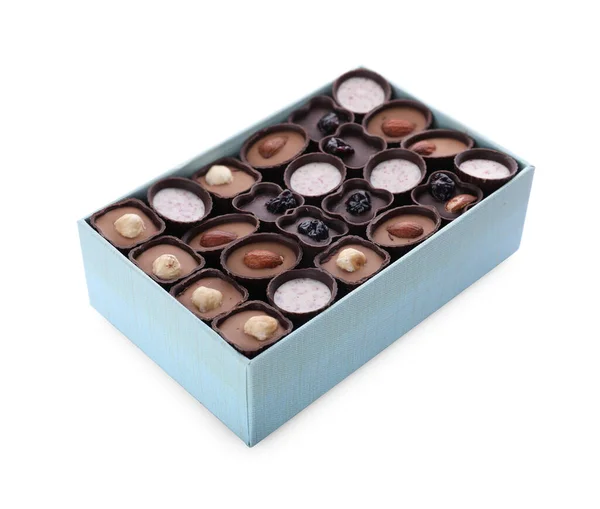 Caixa Deliciosos Doces Chocolate Isolados Branco — Fotografia de Stock