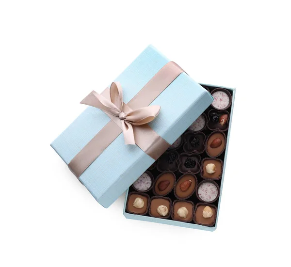 Коробка Смачних Шоколадних Цукерок Ізольовані Білому Вид Зверху — стокове фото