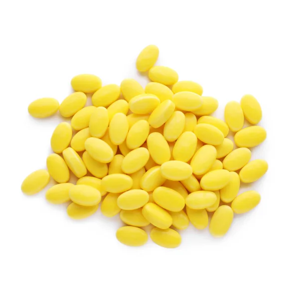 Leckere Gelbe Dragee Bonbons Auf Weißem Hintergrund Draufsicht — Stockfoto