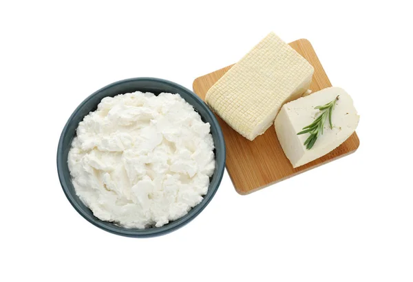 Różne Rodzaje Pysznego Sera Tofu Rozmarynem Białym Tle Widok Góry — Zdjęcie stockowe