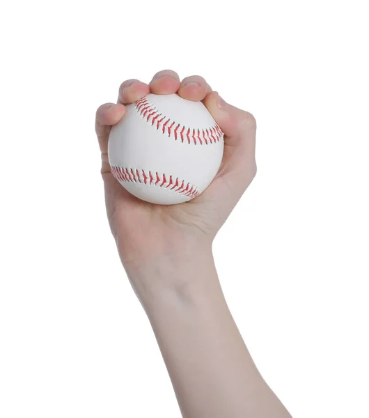 Мальчик Бейсбольным Мячом Белом Фоне Крупный План — стоковое фото