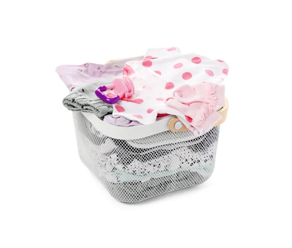 Laundry Basket Baby Clothes Isolated White — Stock Photo, Image
