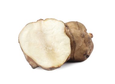 Beyaz üzerine izole edilmiş Kudüs enginarlarını kes. Egzotik yemek.