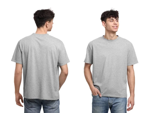 Colagem Com Fotos Homem Camiseta Cinza Sobre Fundo Branco Vista — Fotografia de Stock