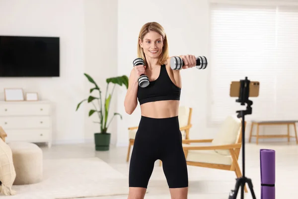 Fitness Trainer Recording Online Classes Home —  Fotos de Stock
