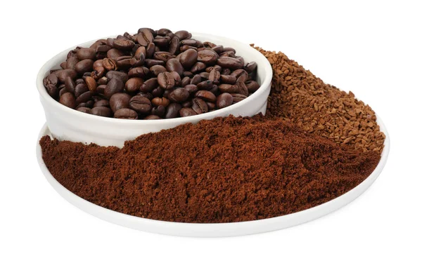 Plate Instant Ground Coffee Roasted Beans White Background — Stock Photo, Image