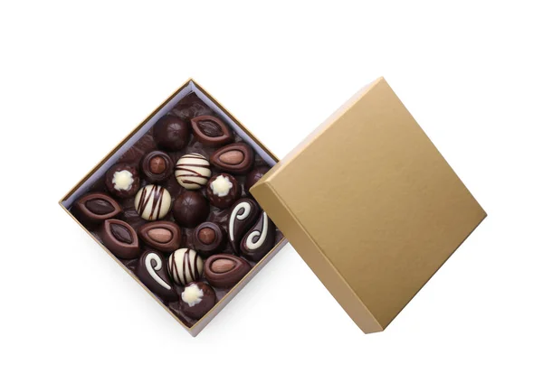 Box Delicious Chocolate Candies Isolated White Top View — Fotografia de Stock