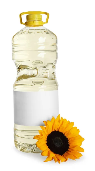 Sonnenblumen Speiseöl Und Gelbe Blume Auf Weißem Hintergrund — Stockfoto