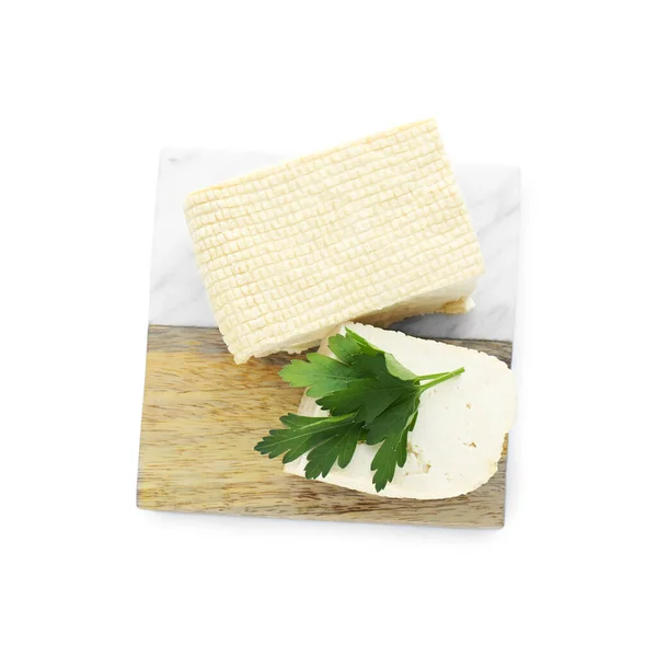 Queijo Tofu Saboroso Isolado Branco Vista Superior — Fotografia de Stock