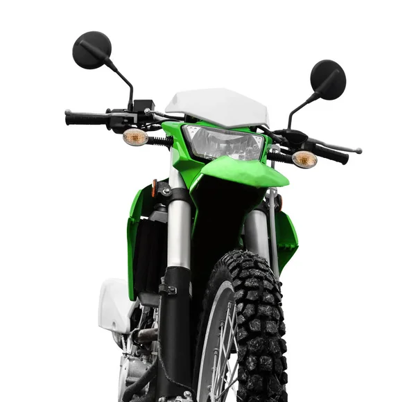 Elegante Motocicletta Croce Verde Sfondo Bianco — Foto Stock