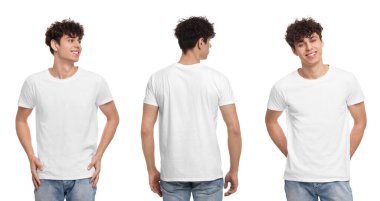 Beyaz arka plan, arka ve ön manzara üzerinde şık tişörtlü bir adamın fotoğraflarıyla kolaj. Tasarım için model