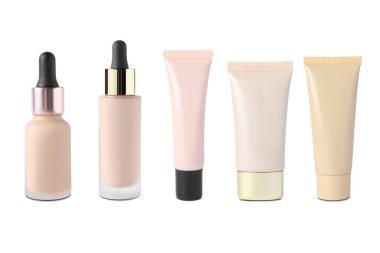 Beyaz arka planda şişe ve deri temeli kolajı